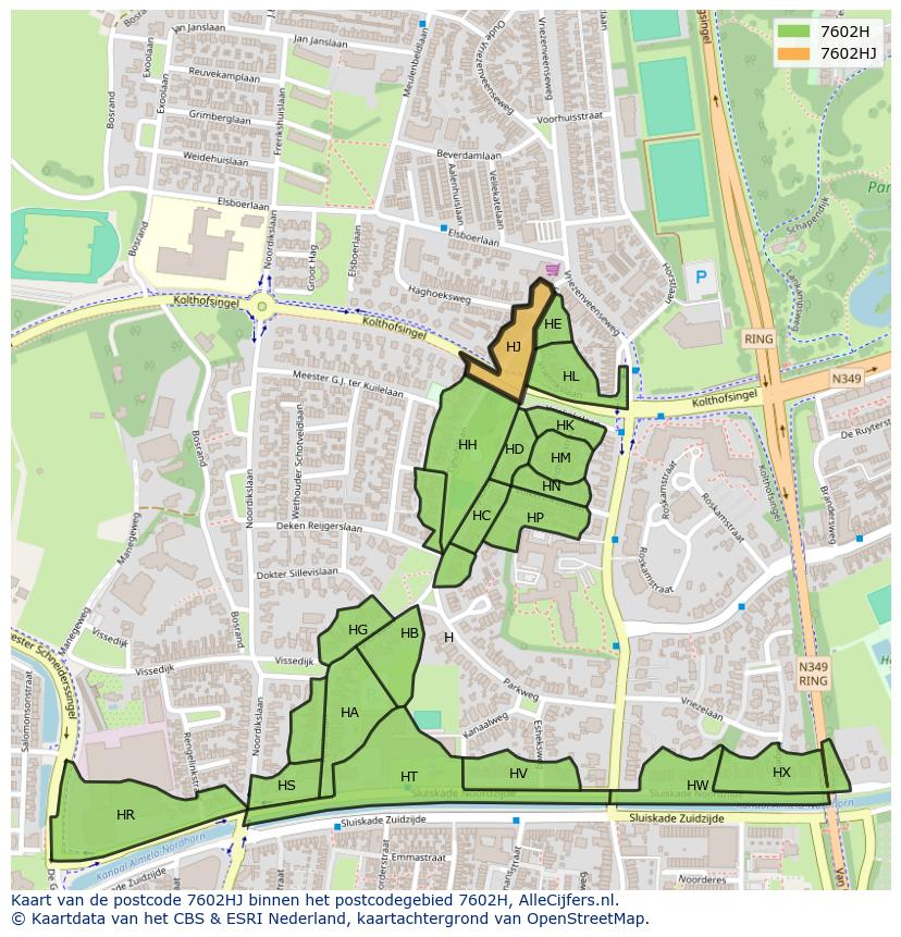 Afbeelding van het postcodegebied 7602 HJ op de kaart.