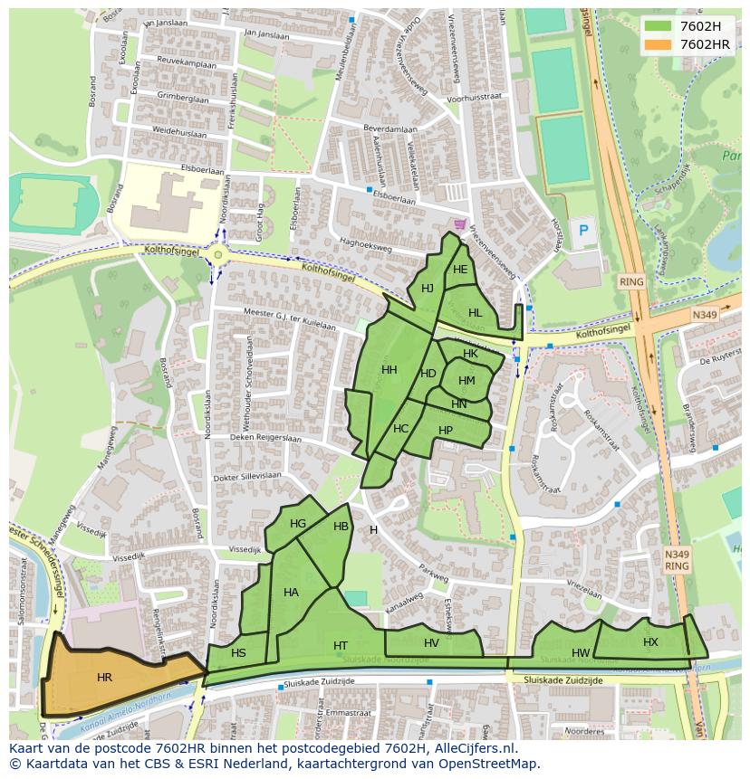 Afbeelding van het postcodegebied 7602 HR op de kaart.