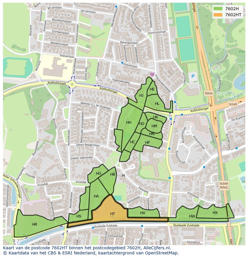 Afbeelding van het postcodegebied 7602 HT op de kaart.