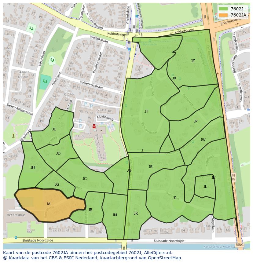 Afbeelding van het postcodegebied 7602 JA op de kaart.