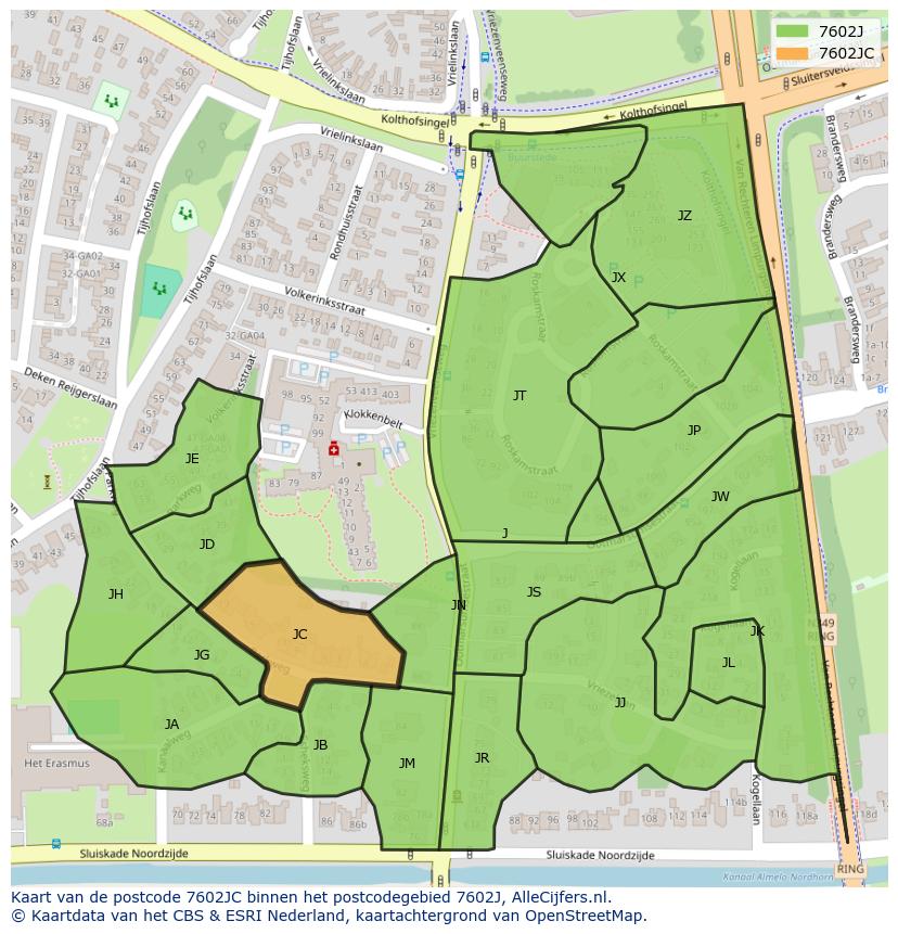 Afbeelding van het postcodegebied 7602 JC op de kaart.