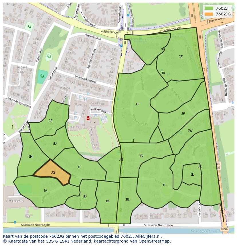 Afbeelding van het postcodegebied 7602 JG op de kaart.