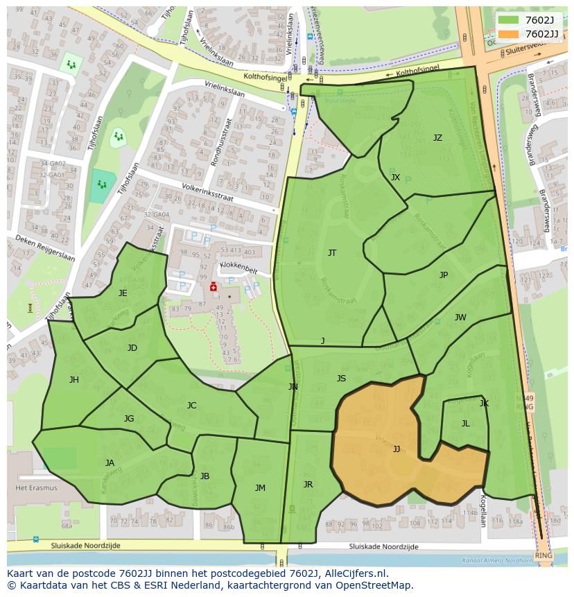 Afbeelding van het postcodegebied 7602 JJ op de kaart.