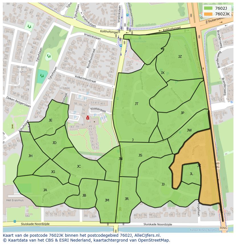 Afbeelding van het postcodegebied 7602 JK op de kaart.