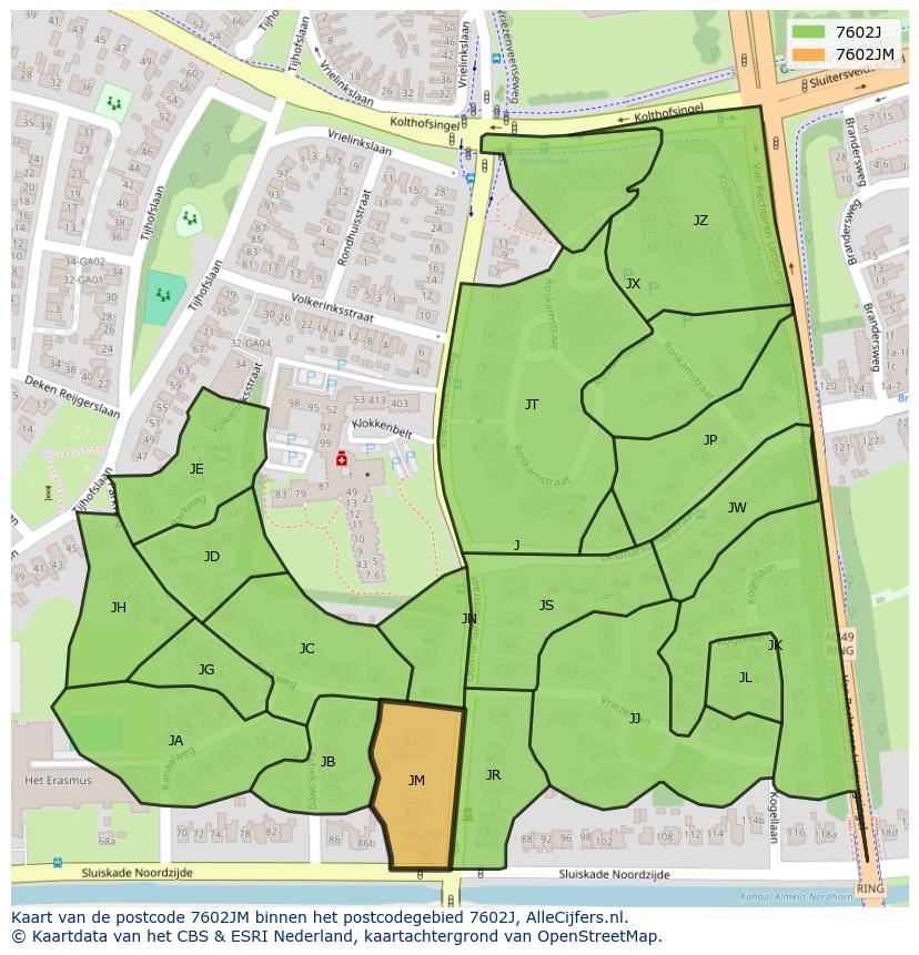 Afbeelding van het postcodegebied 7602 JM op de kaart.