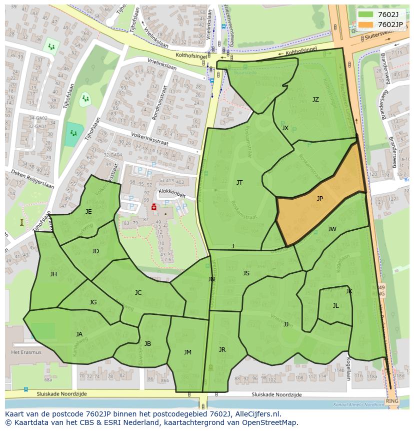 Afbeelding van het postcodegebied 7602 JP op de kaart.