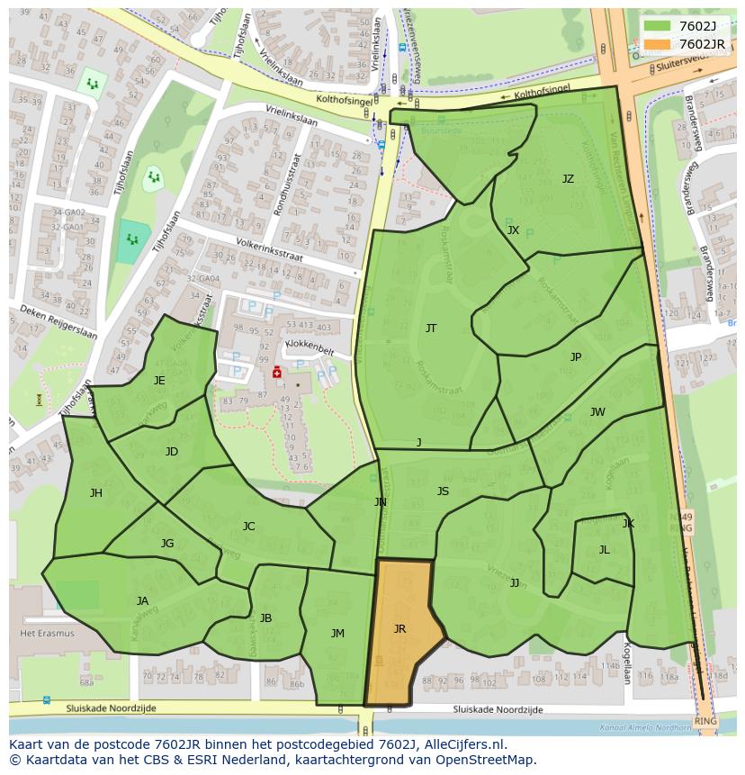 Afbeelding van het postcodegebied 7602 JR op de kaart.