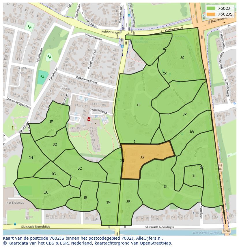 Afbeelding van het postcodegebied 7602 JS op de kaart.