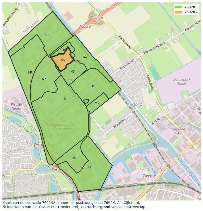 Afbeelding van het postcodegebied 7602 KA op de kaart.