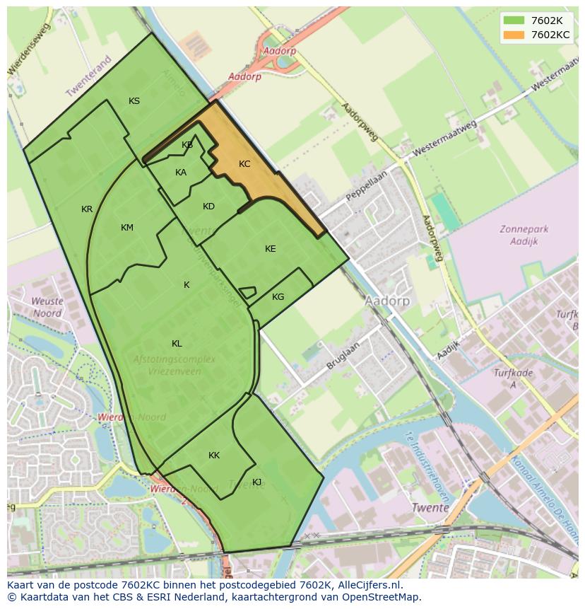 Afbeelding van het postcodegebied 7602 KC op de kaart.
