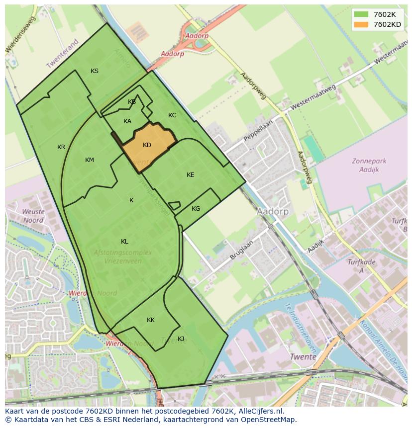 Afbeelding van het postcodegebied 7602 KD op de kaart.