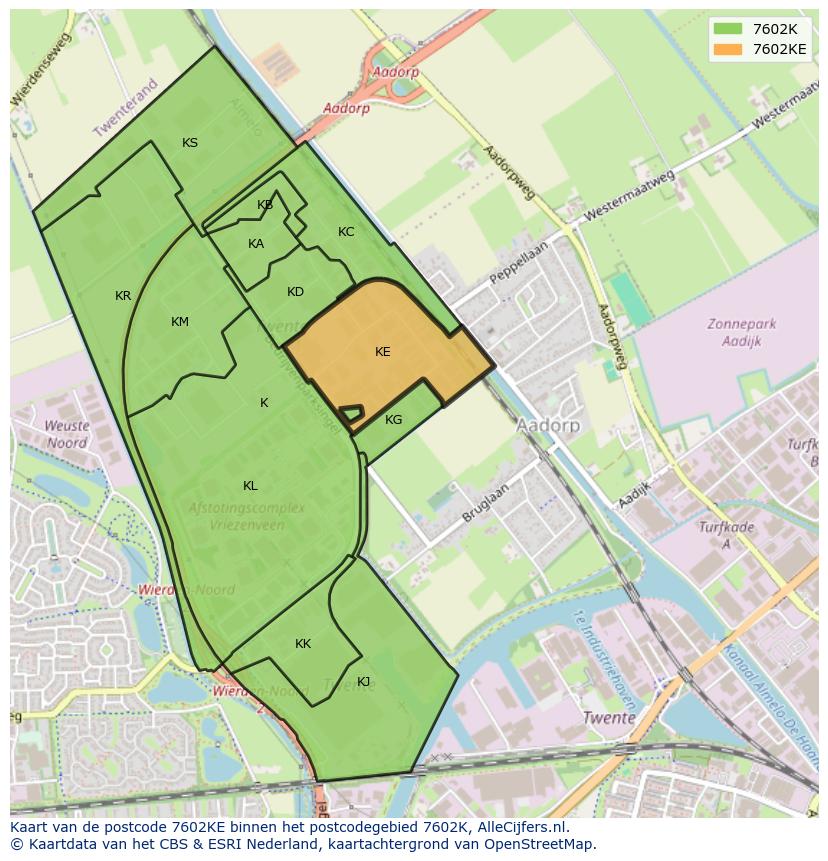 Afbeelding van het postcodegebied 7602 KE op de kaart.