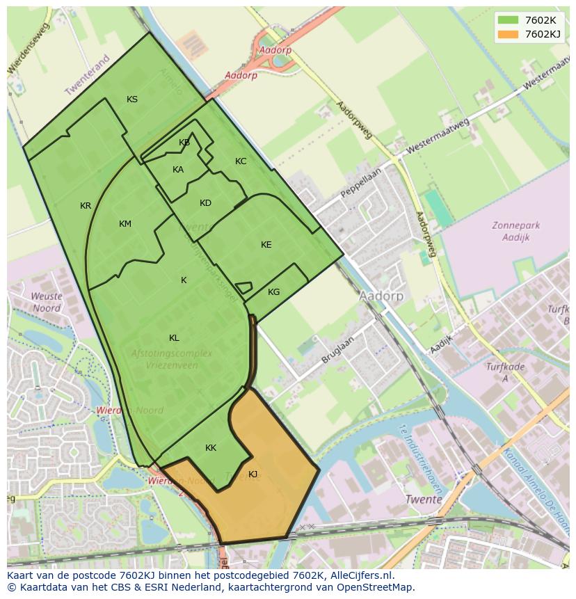 Afbeelding van het postcodegebied 7602 KJ op de kaart.