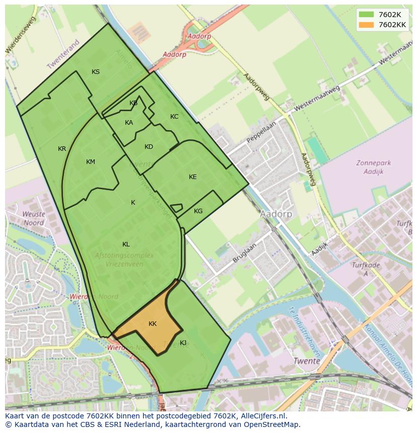 Afbeelding van het postcodegebied 7602 KK op de kaart.