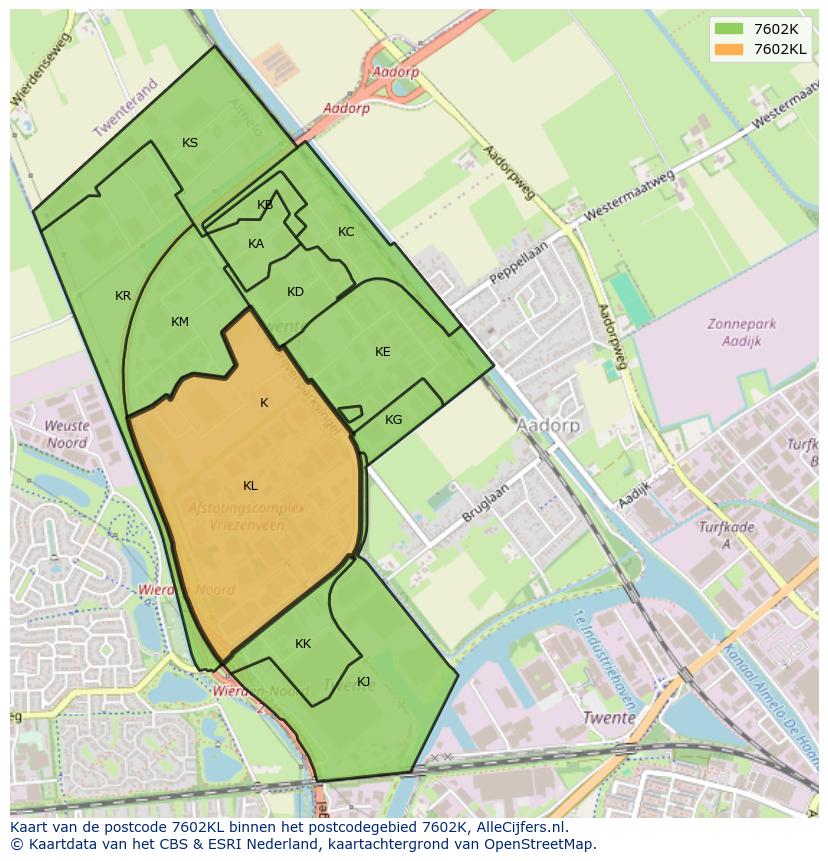 Afbeelding van het postcodegebied 7602 KL op de kaart.