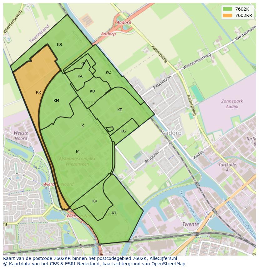 Afbeelding van het postcodegebied 7602 KR op de kaart.