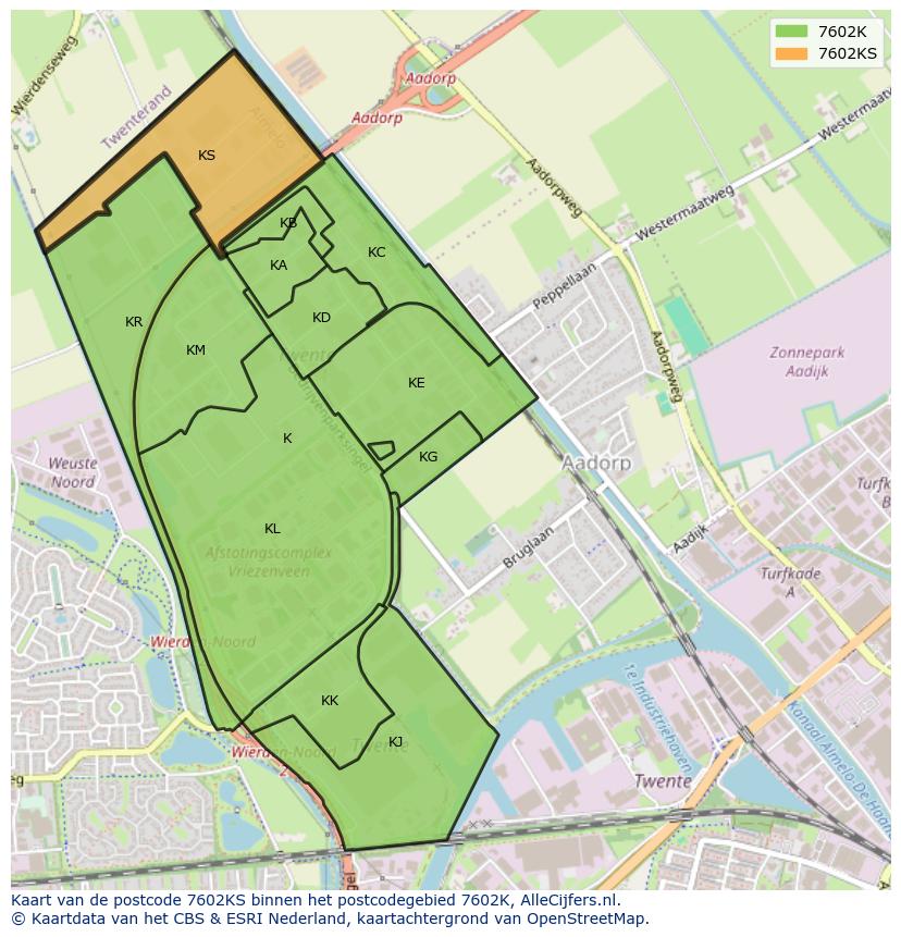 Afbeelding van het postcodegebied 7602 KS op de kaart.