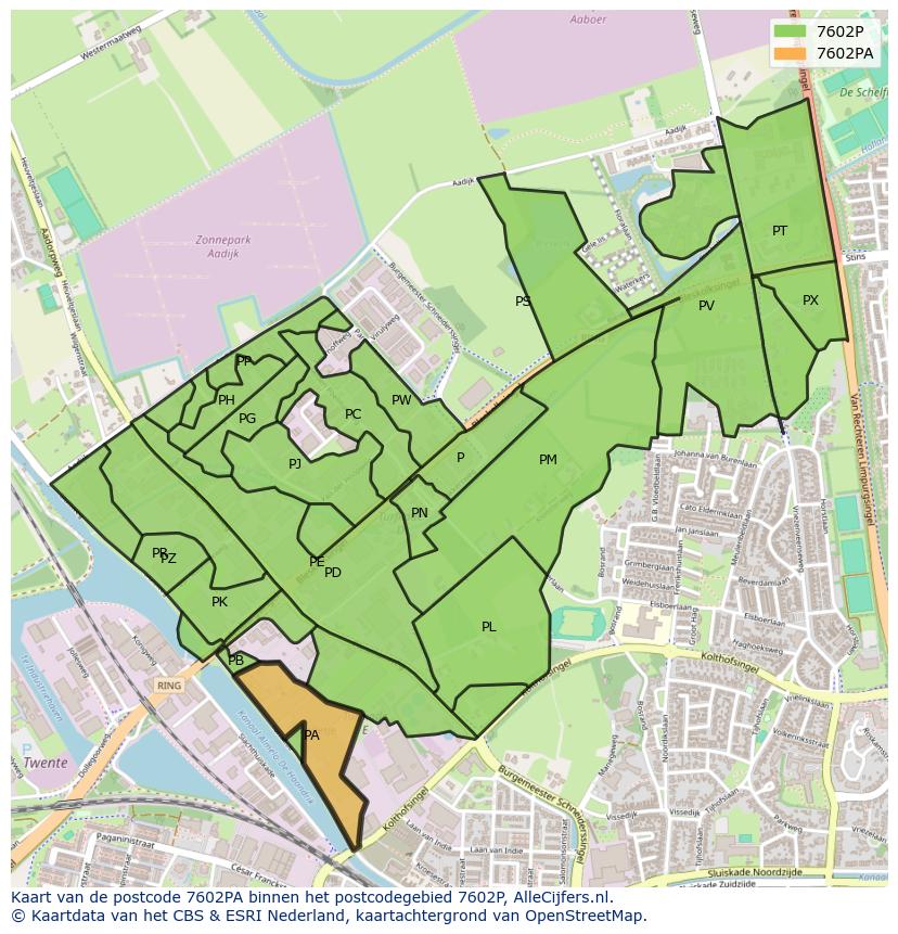 Afbeelding van het postcodegebied 7602 PA op de kaart.
