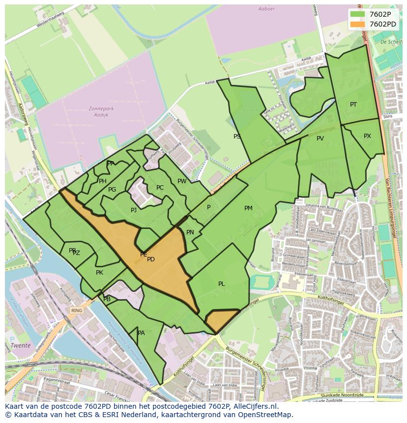 Afbeelding van het postcodegebied 7602 PD op de kaart.