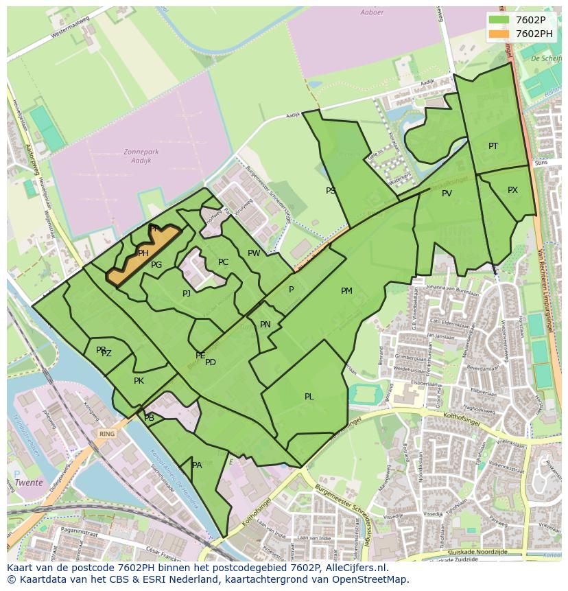 Afbeelding van het postcodegebied 7602 PH op de kaart.
