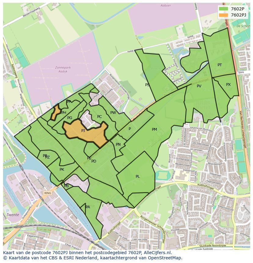 Afbeelding van het postcodegebied 7602 PJ op de kaart.