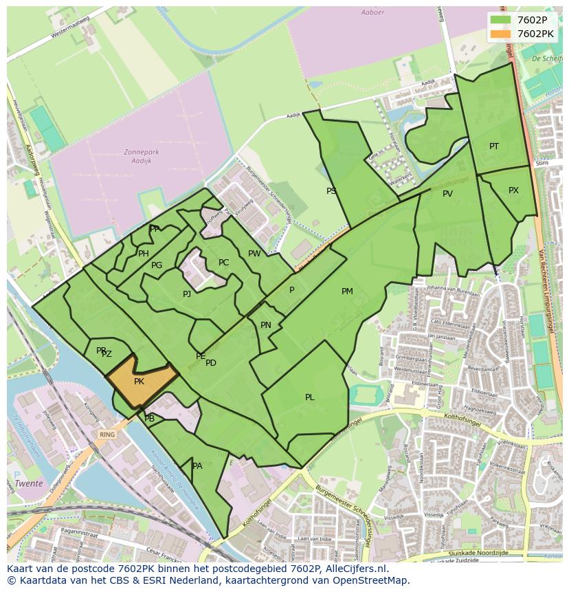 Afbeelding van het postcodegebied 7602 PK op de kaart.