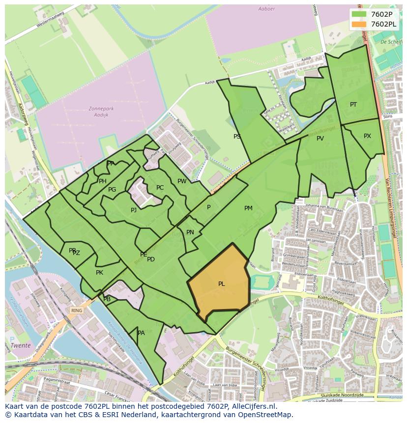Afbeelding van het postcodegebied 7602 PL op de kaart.