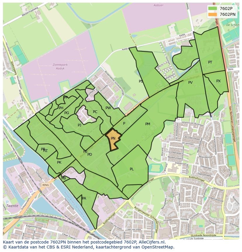 Afbeelding van het postcodegebied 7602 PN op de kaart.