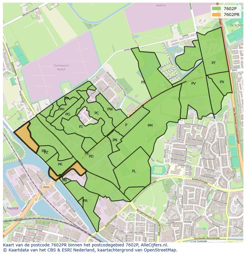 Afbeelding van het postcodegebied 7602 PR op de kaart.