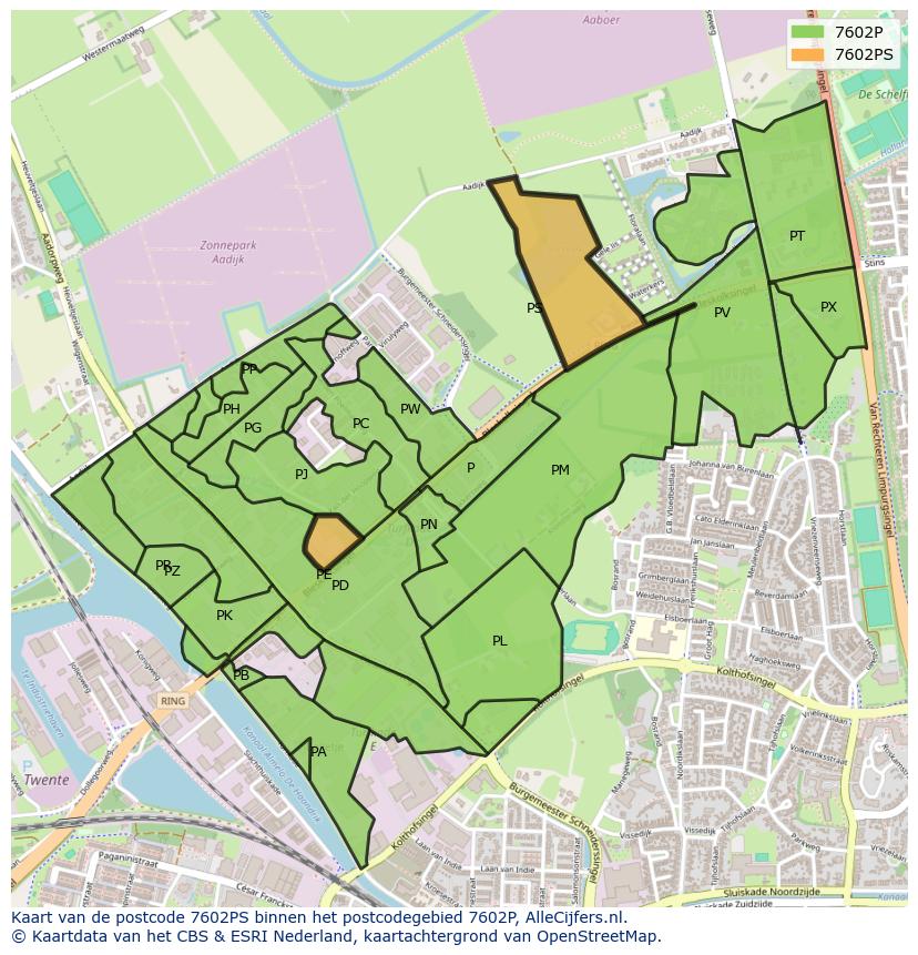 Afbeelding van het postcodegebied 7602 PS op de kaart.