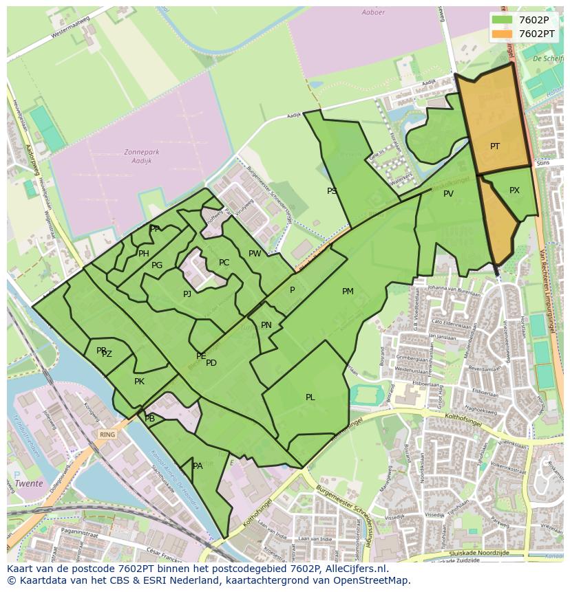 Afbeelding van het postcodegebied 7602 PT op de kaart.