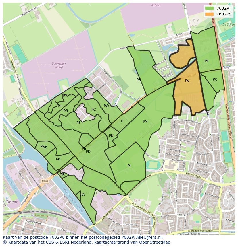 Afbeelding van het postcodegebied 7602 PV op de kaart.