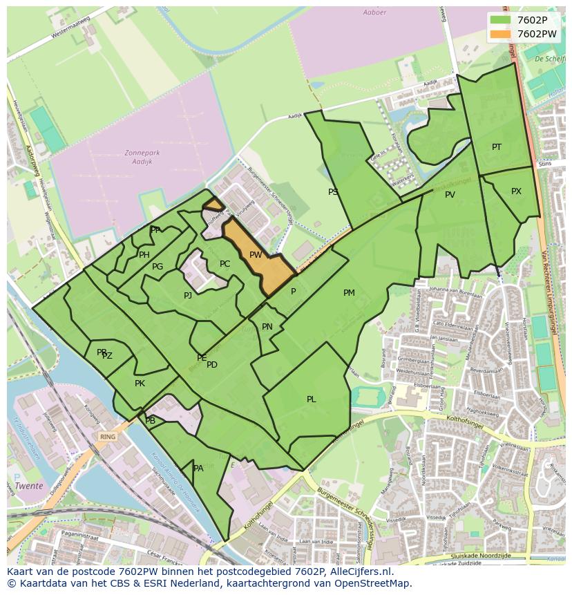 Afbeelding van het postcodegebied 7602 PW op de kaart.