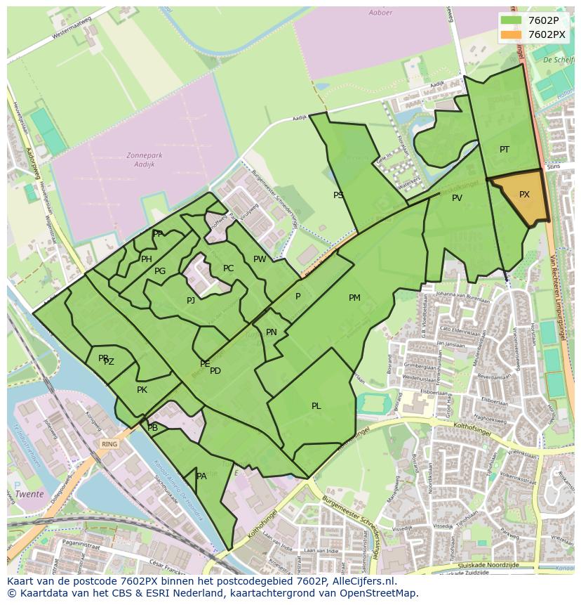 Afbeelding van het postcodegebied 7602 PX op de kaart.