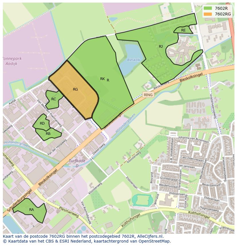Afbeelding van het postcodegebied 7602 RG op de kaart.