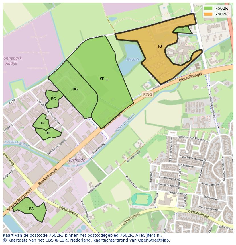 Afbeelding van het postcodegebied 7602 RJ op de kaart.