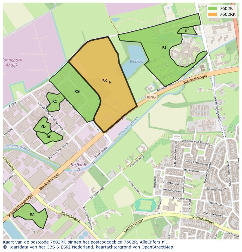 Afbeelding van het postcodegebied 7602 RK op de kaart.