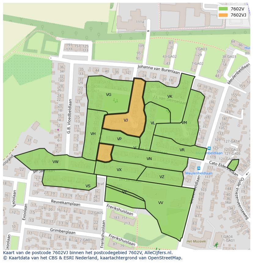 Afbeelding van het postcodegebied 7602 VJ op de kaart.