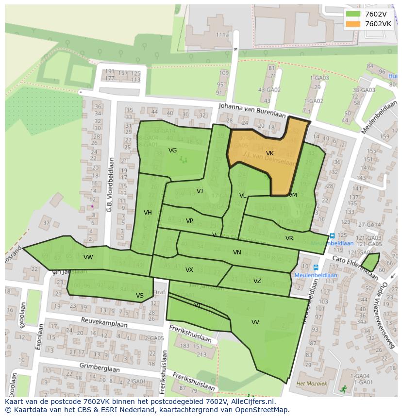 Afbeelding van het postcodegebied 7602 VK op de kaart.