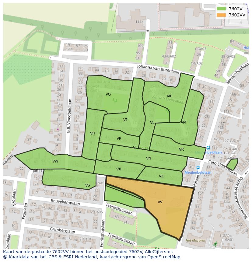 Afbeelding van het postcodegebied 7602 VV op de kaart.