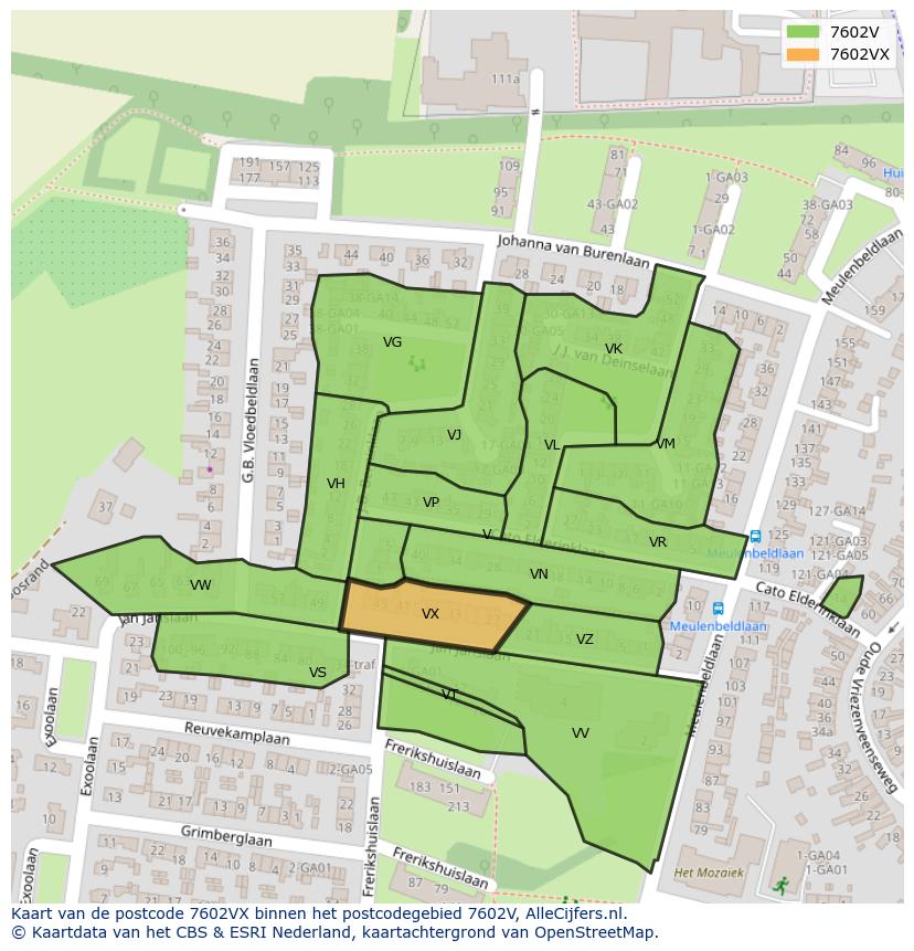 Afbeelding van het postcodegebied 7602 VX op de kaart.