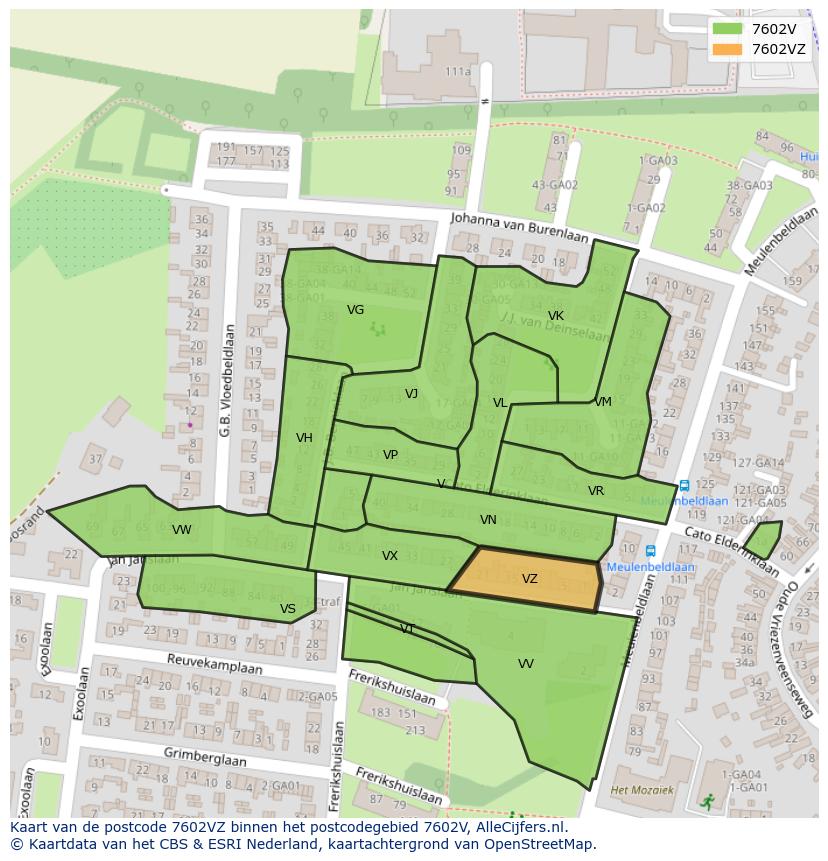 Afbeelding van het postcodegebied 7602 VZ op de kaart.