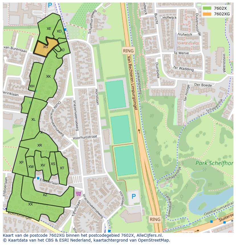 Afbeelding van het postcodegebied 7602 XG op de kaart.