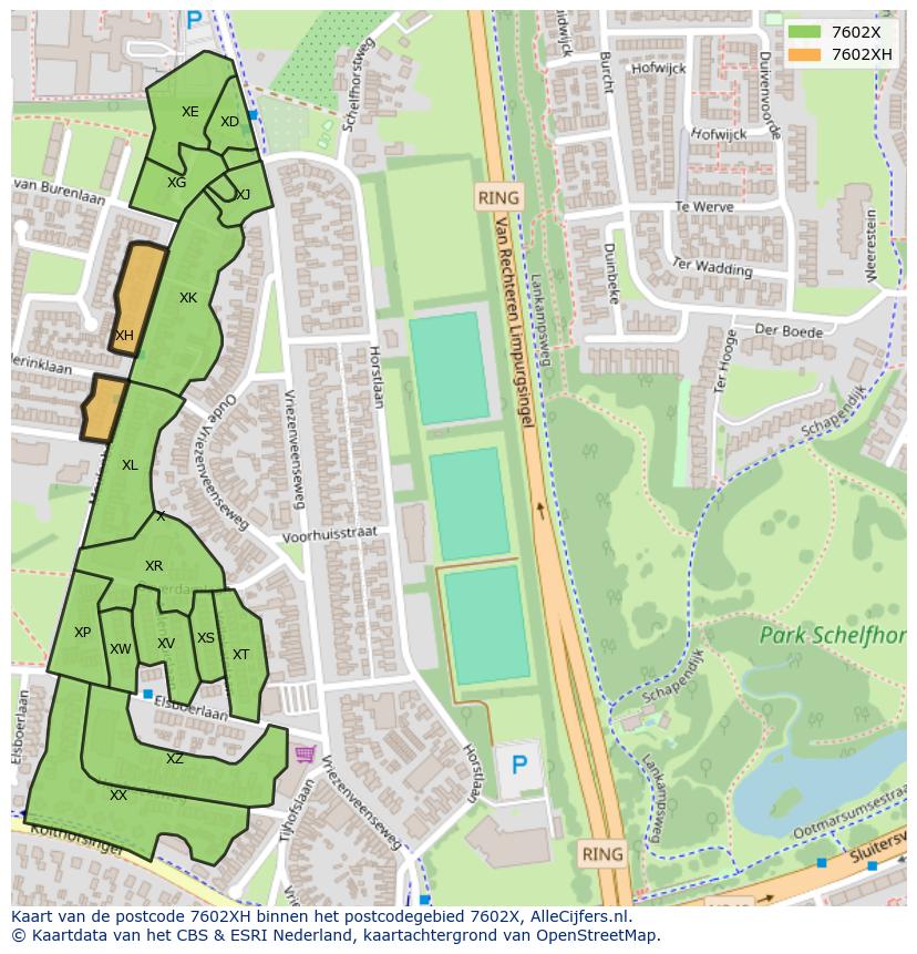 Afbeelding van het postcodegebied 7602 XH op de kaart.