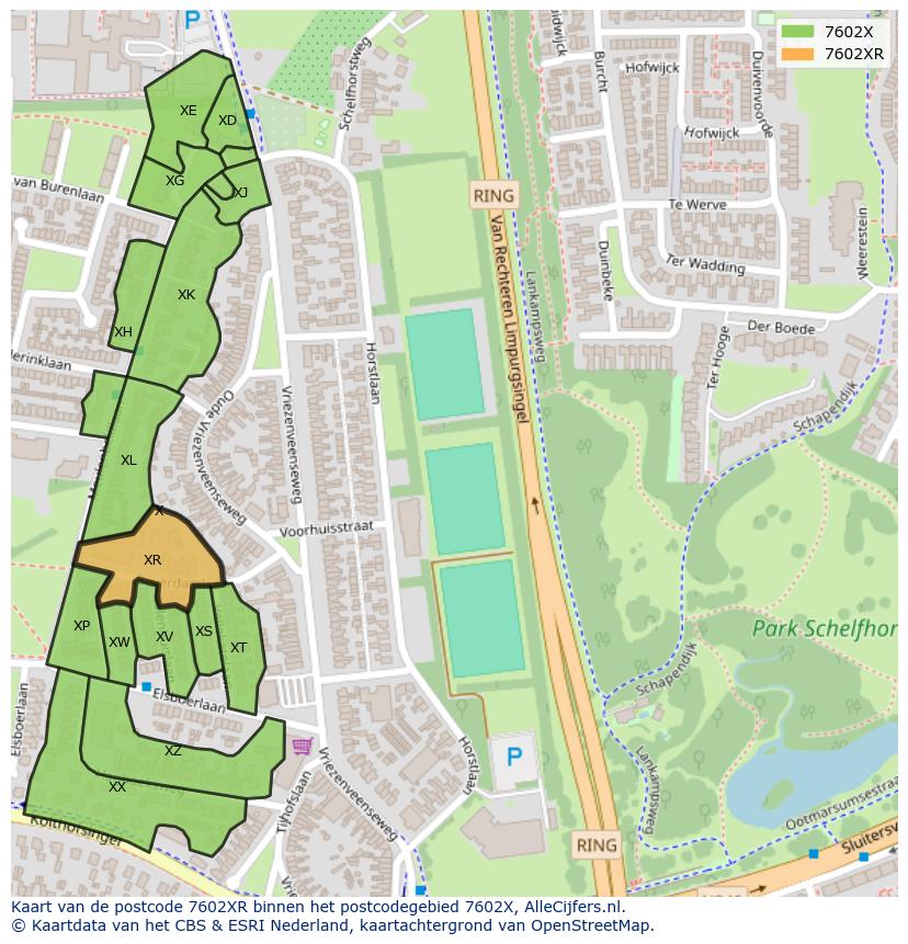 Afbeelding van het postcodegebied 7602 XR op de kaart.