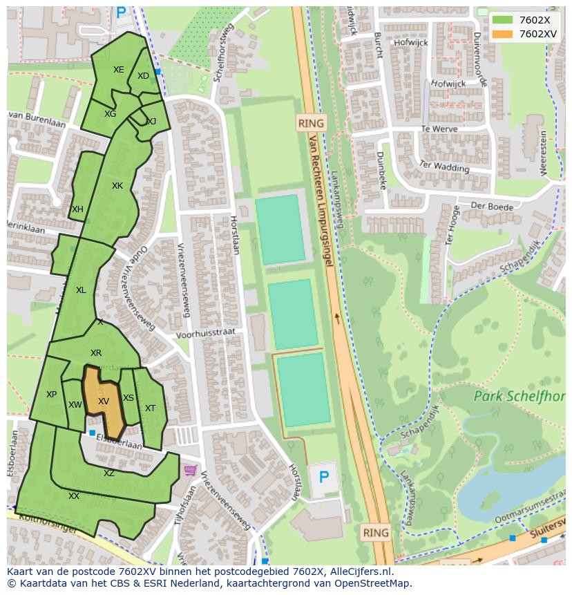 Afbeelding van het postcodegebied 7602 XV op de kaart.