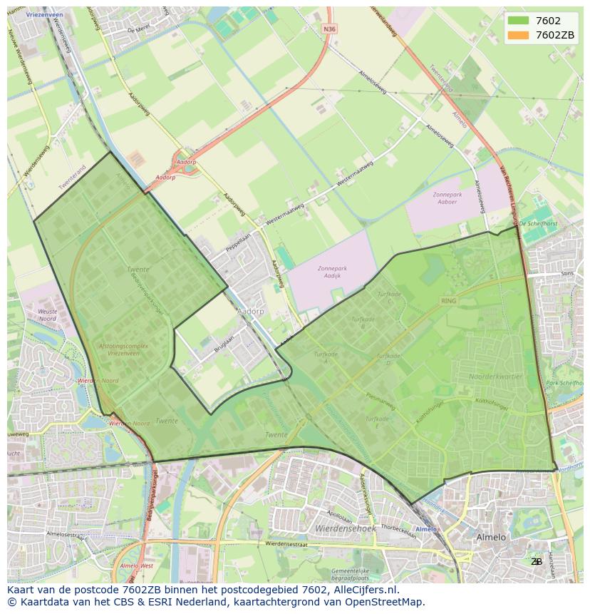 Afbeelding van het postcodegebied 7602 ZB op de kaart.