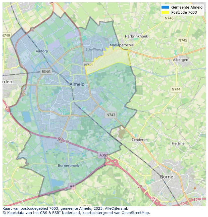 Afbeelding van het postcodegebied 7603 op de kaart.