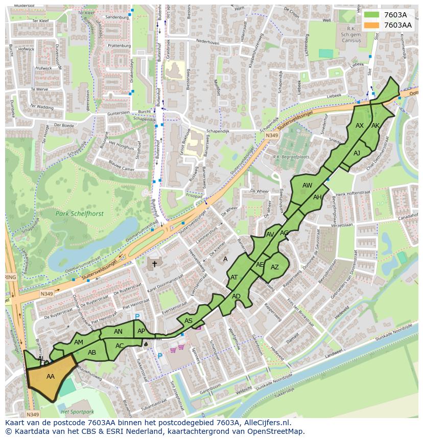 Afbeelding van het postcodegebied 7603 AA op de kaart.