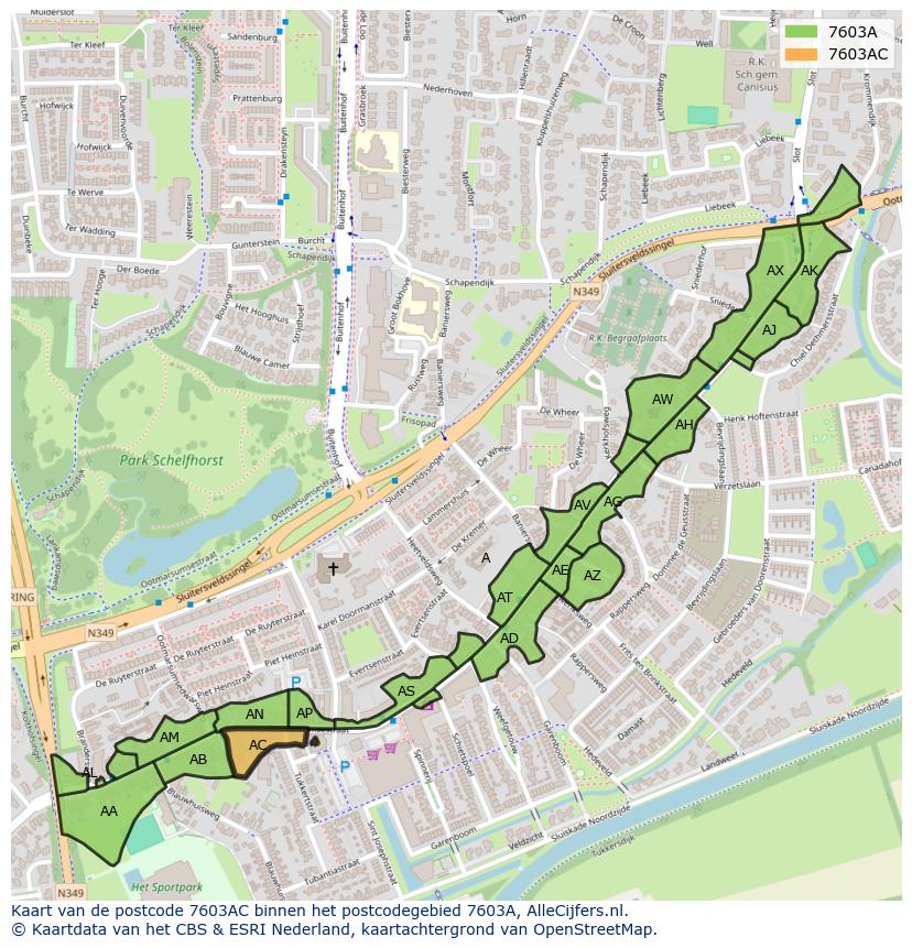 Afbeelding van het postcodegebied 7603 AC op de kaart.